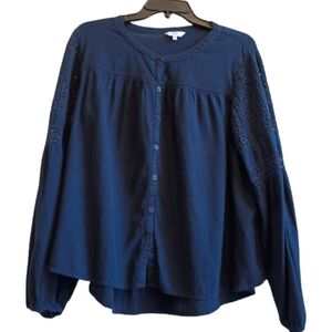 Crown‎ Ivy Navy Blue Lace Sleeve Button Front Blouse Top Women's Size L